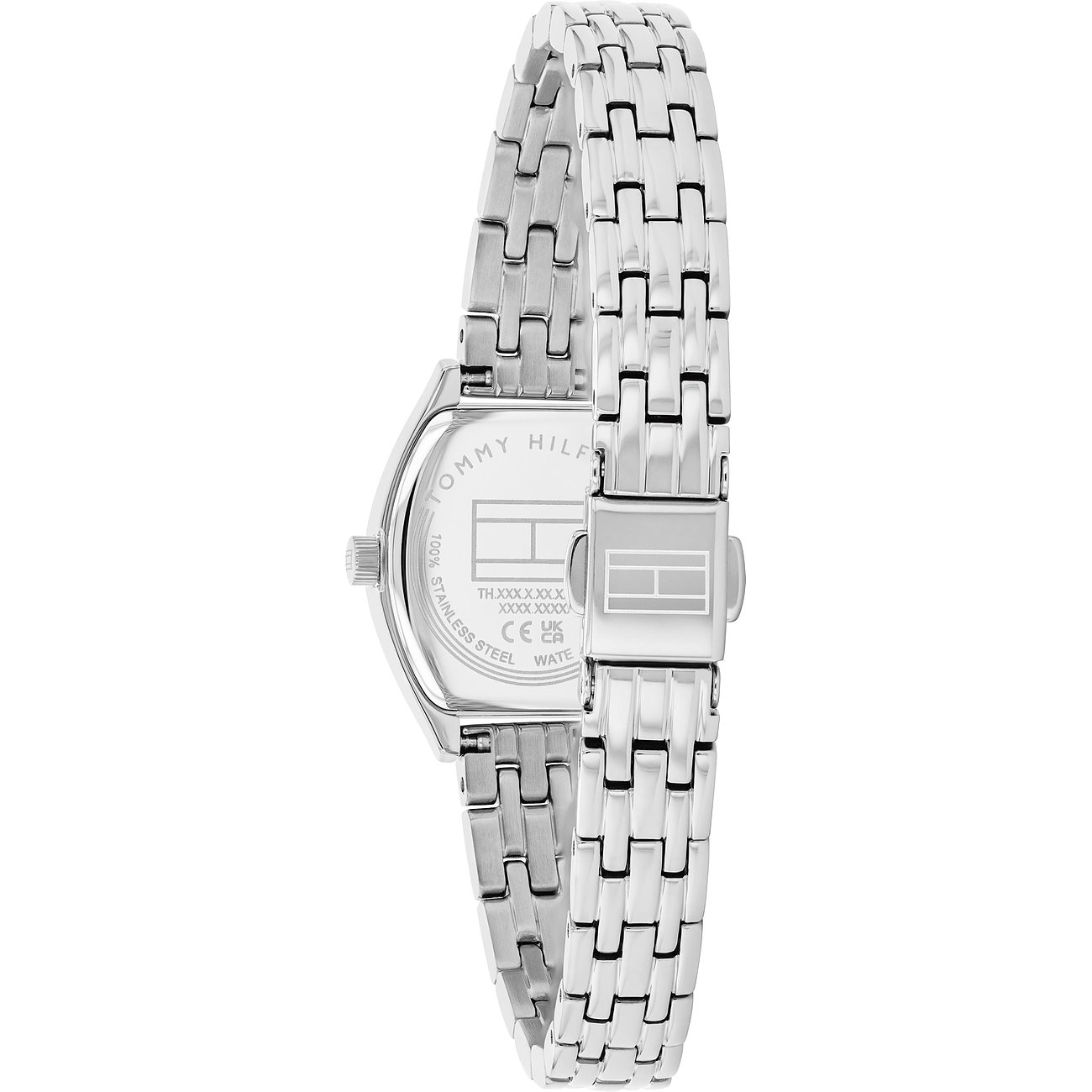 Rückansicht der Tommy Hilfiger Damenuhr aus Edelstahl, glänzendes Gliederarmband mit Faltschließe.