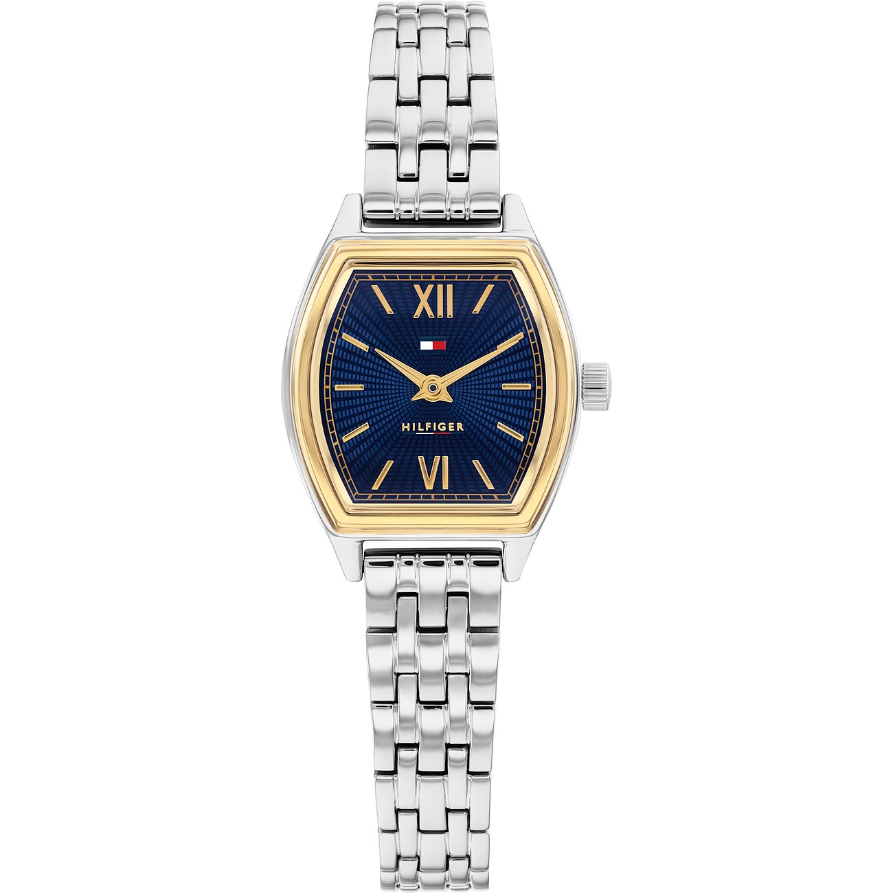 Die Tommy Hilfiger Damenuhr aus Edelstahl von vorne zeigt ein blau-goldenes Zifferblatt mit römischen Ziffern.