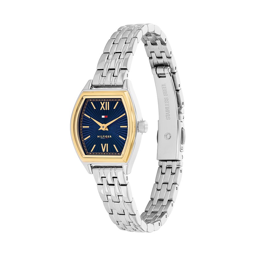 Tommy Hilfiger Damenuhr aus bicolor Edelstahl mit goldenem Gehäuse und blauem Zifferblatt