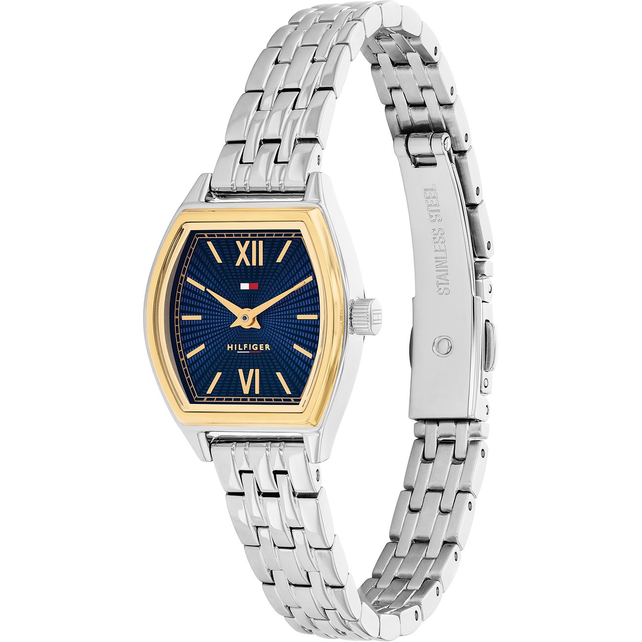 Tommy Hilfiger Damenuhr aus bicolor Edelstahl mit goldenem Gehäuse und blauem Zifferblatt