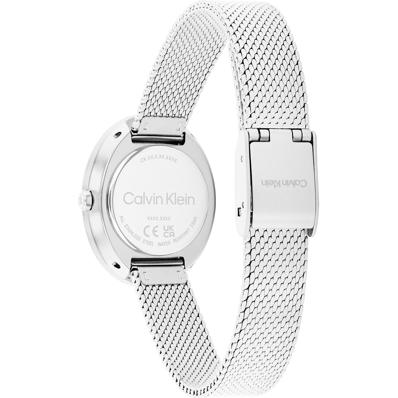 Calvin Klein dameshorloge: roestvrijstalen achterzijde, filigrane Milanese band, gegraveerd logo op de sluiting.