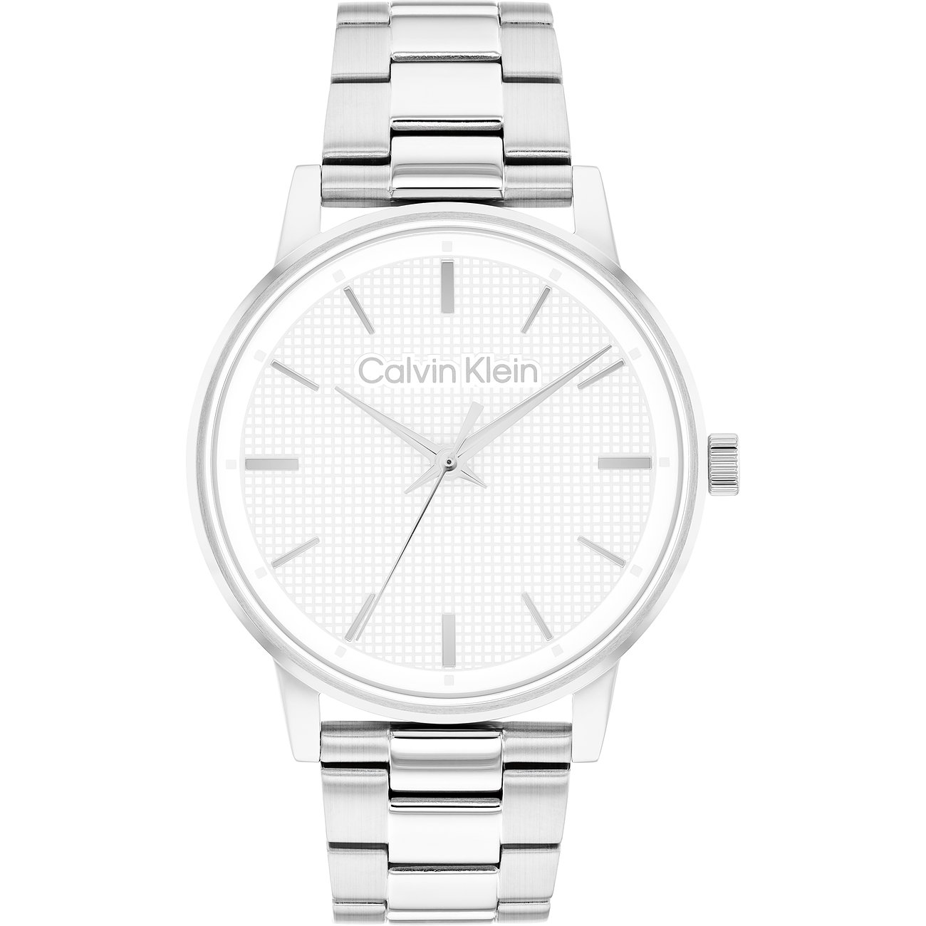 Calvin Klein herenhorloge van roestvrij staal met een lichte wijzerplaat, zilveren indexen en wijzers.