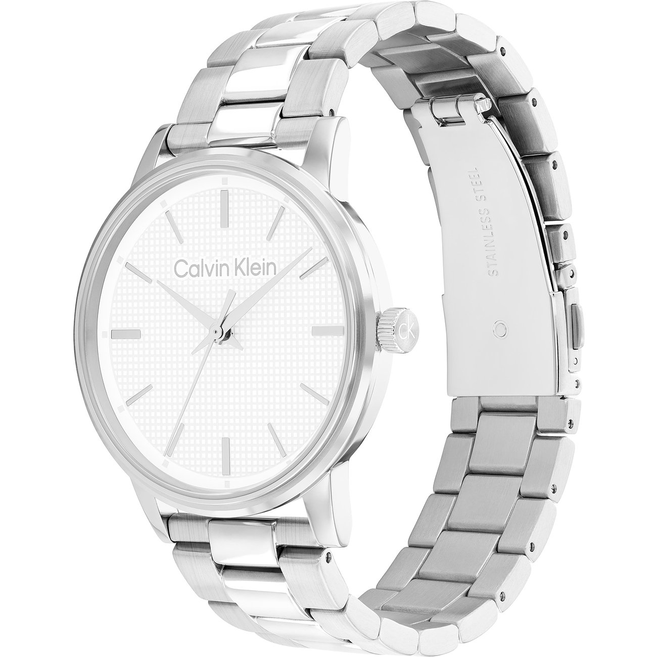 Close-up: Calvin Klein herenhorloge, RVS, lichte, bewerkte wijzerplaat en zilverkleurige band.