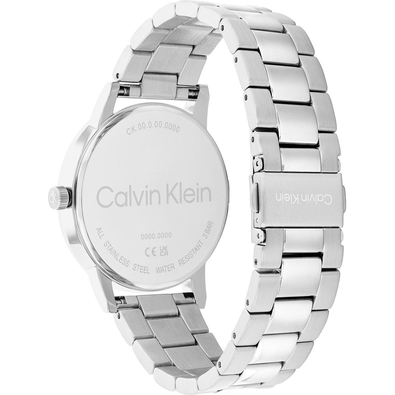 Achterkant van zilverkleurig roestvrijstalen Calvin Klein herenhorloge, met gegraveerd logo en technische details.