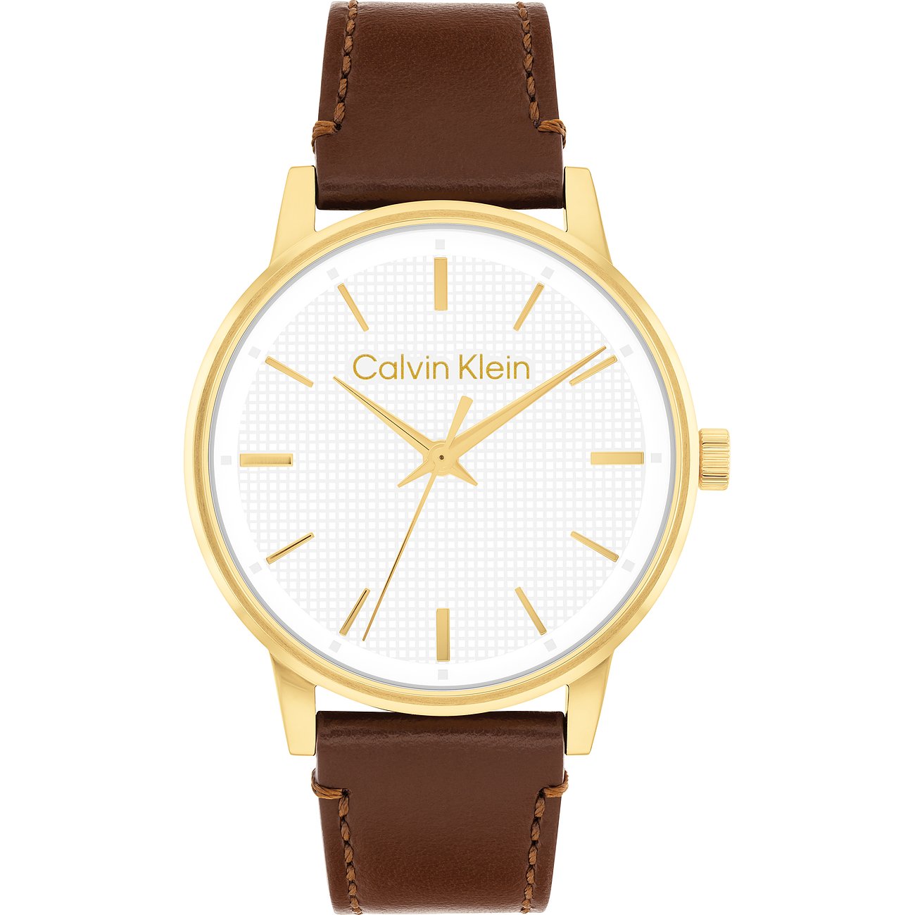 Calvin Klein herenhorloge van goudkleurig roestvrij staal met witte wijzerplaat en bruine leren band.