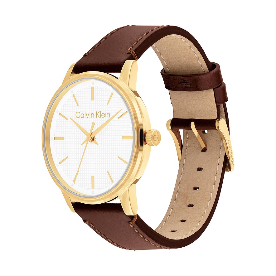 Calvin Klein herenhorloge van goudkleurig roestvrij staal met witte wijzerplaat en bruine leren band, schuin van bovenaf.