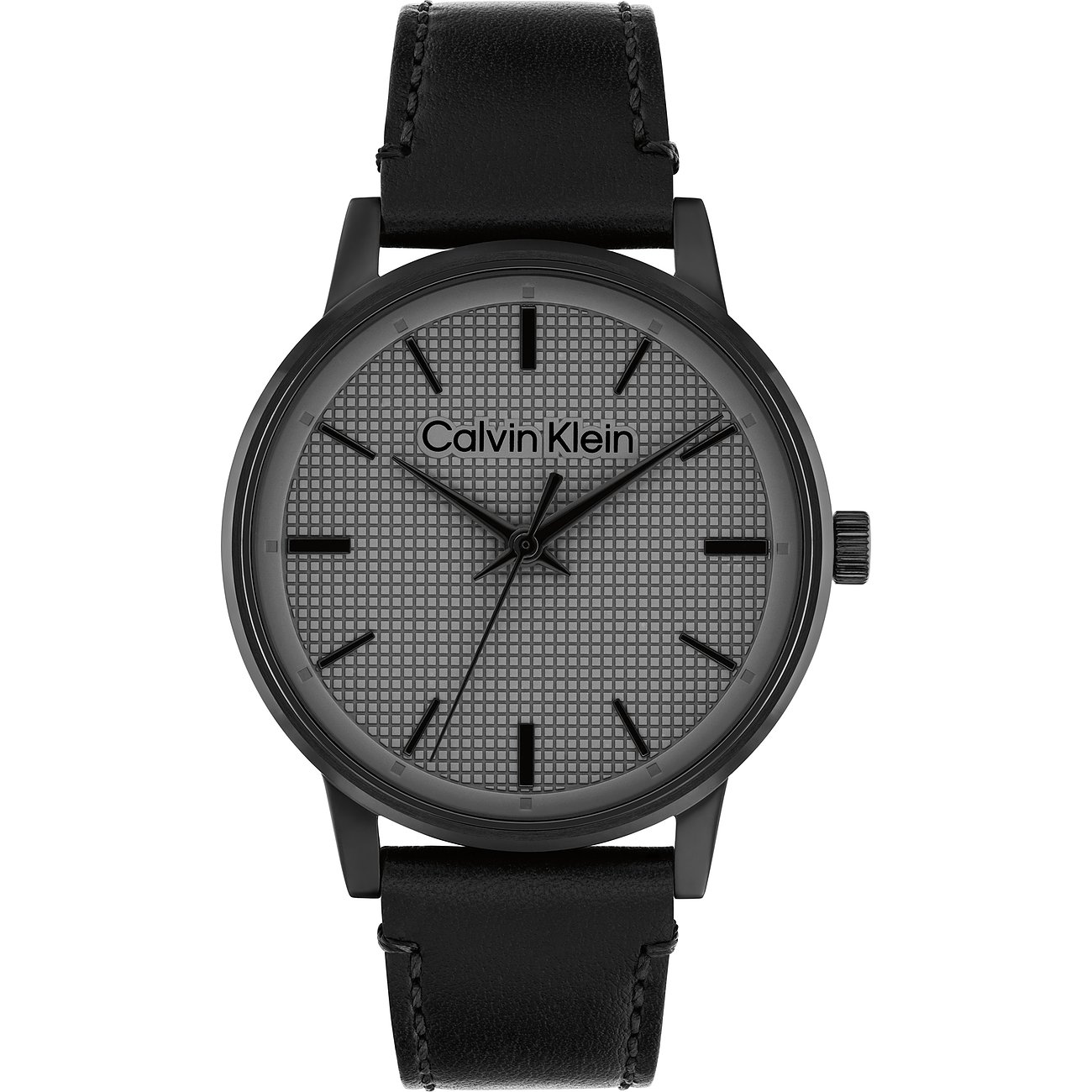 Calvin Klein herenhorloge, zwart edelstaal met leren band. De wijzerplaat heeft een grijs geruit patroon.