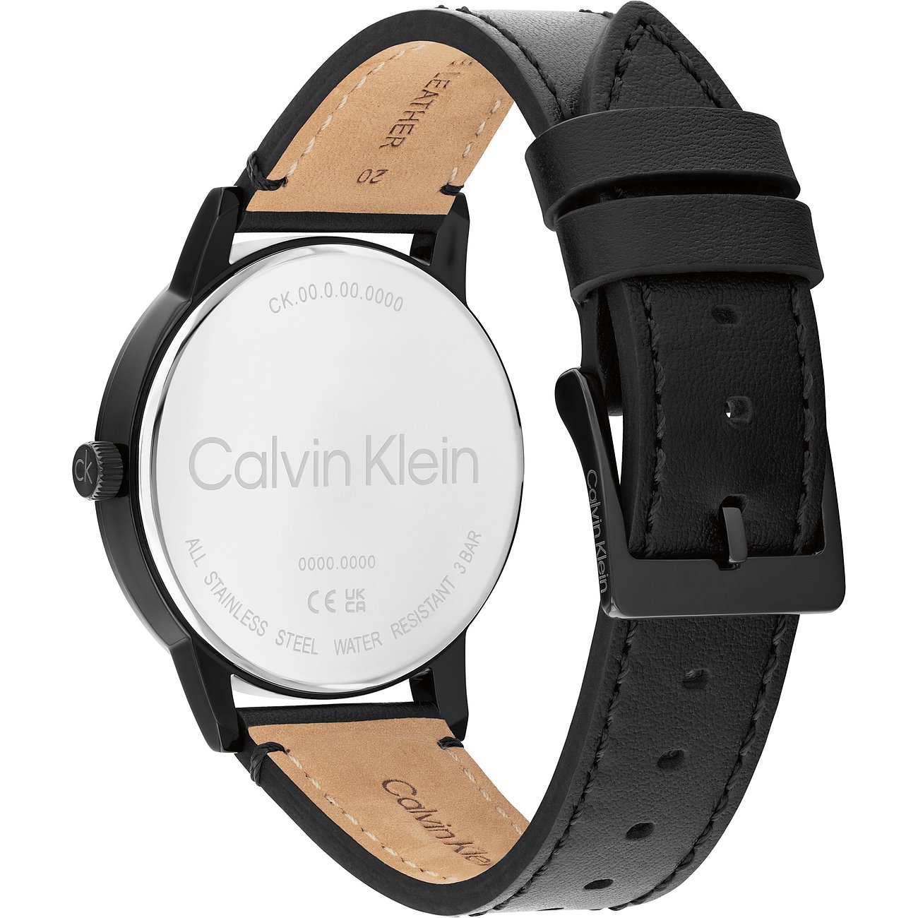 Achteraanzicht van een zwart Calvin Klein herenhorloge (RVS) met kalfslederen band, logo op achterkant en gesp.