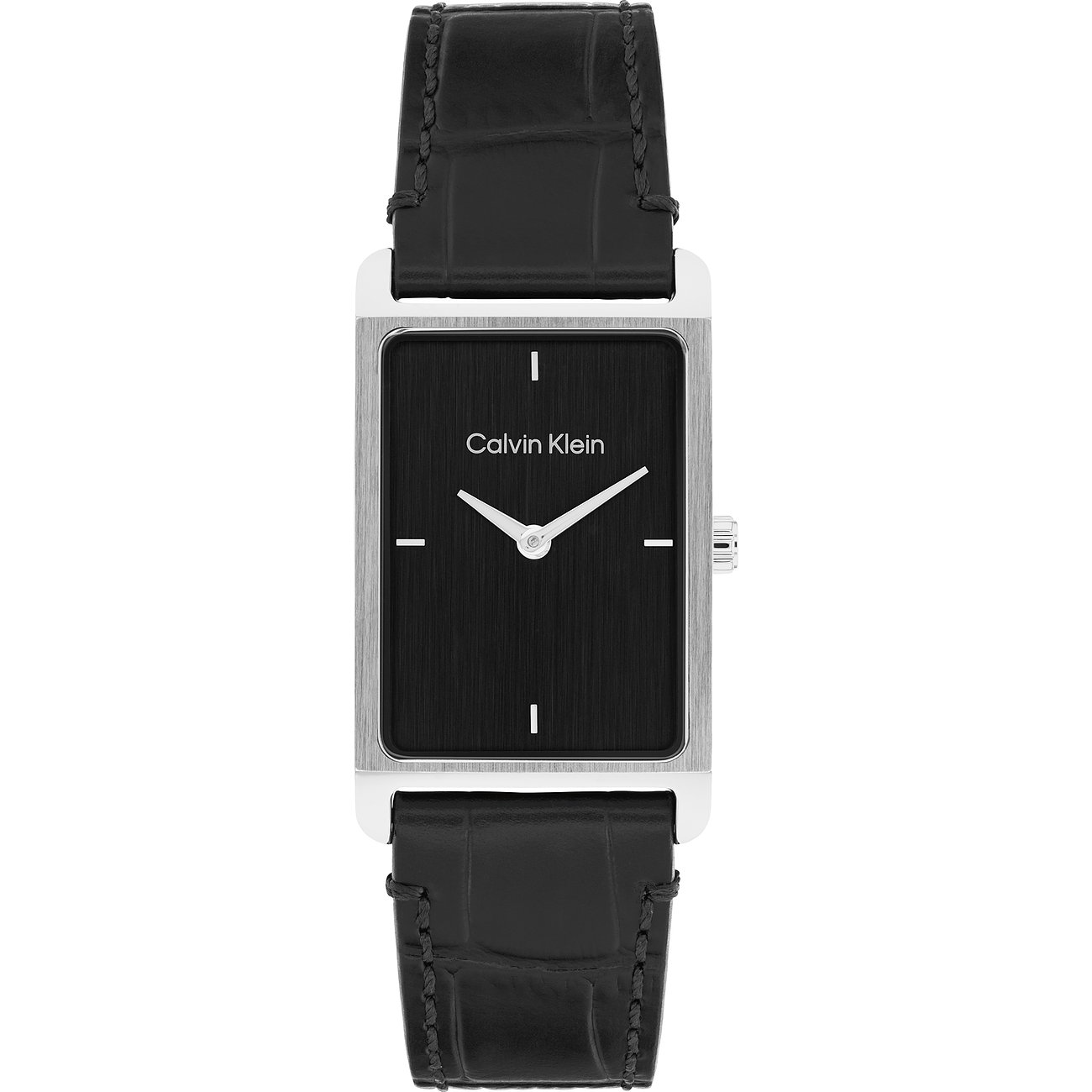 Een Calvin Klein herenhorloge met een rechthoekige roestvrijstalen kast, zwarte wijzerplaat en lederen band.