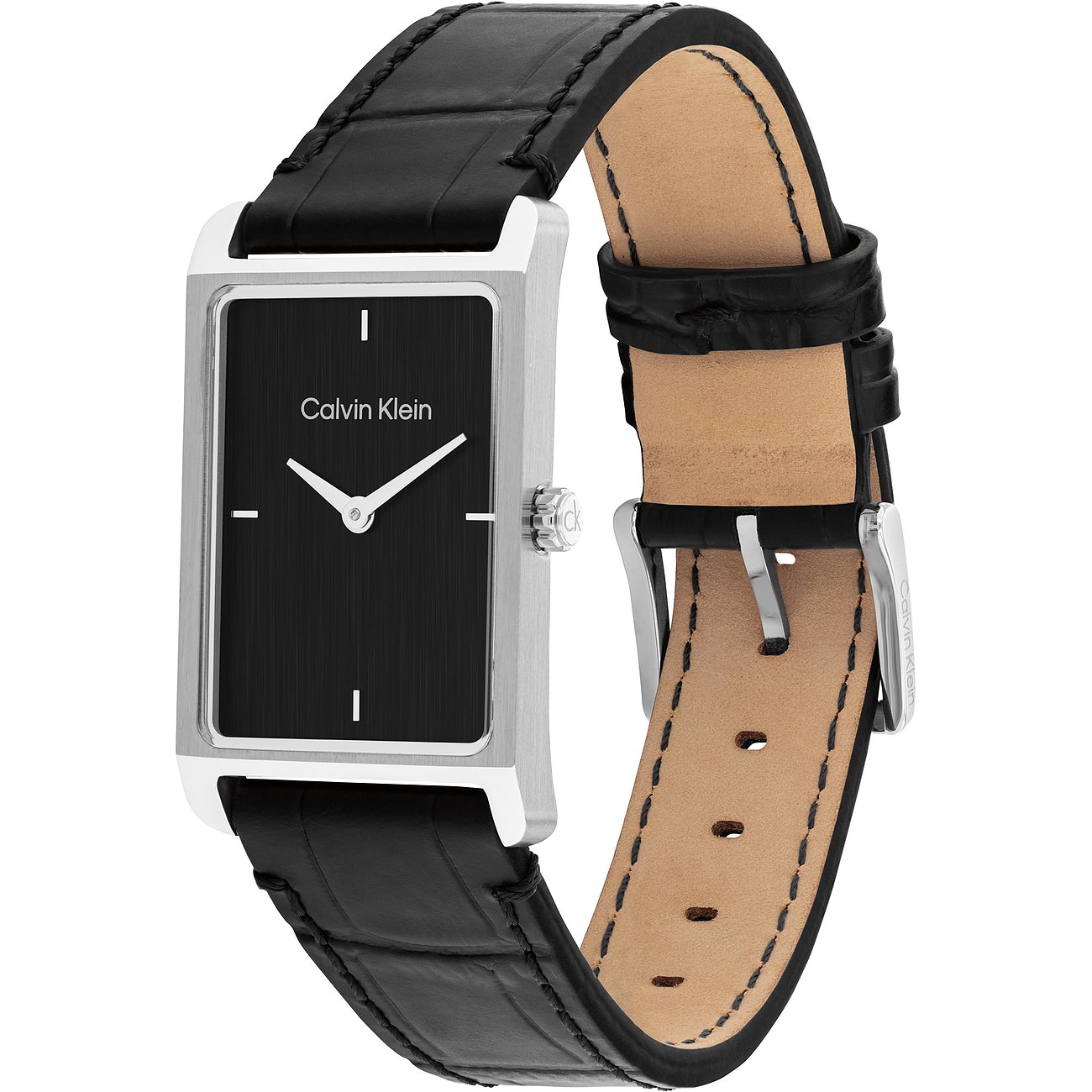 Calvin Klein herenhorloge van RVS met een zwart rechthoekig uurwerk en een zwarte lederen band.