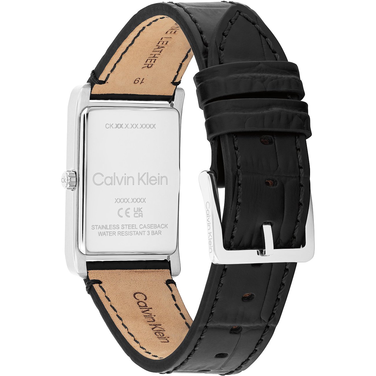 Achteraanzicht Calvin Klein herenhorloge: rvs, rechthoekige kast, zwarte generfde lederen band.