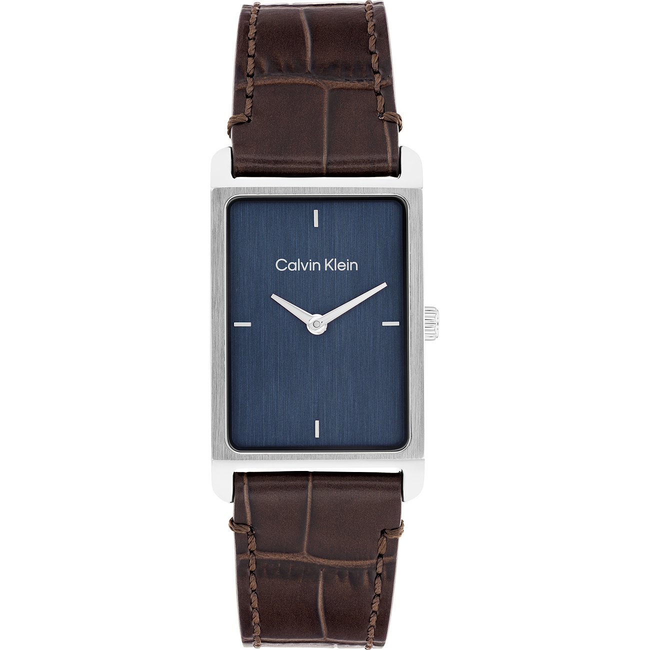 Calvin Klein herenhorloge, RVS, met rechthoekige, geborstelde blauwe wijzerplaat en bruine lederen band.