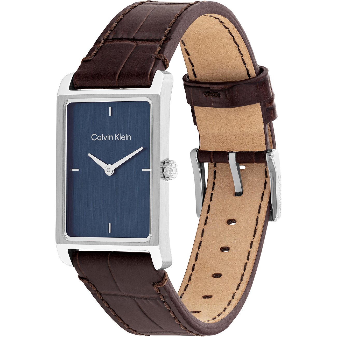 Calvin Klein herenhorloge, roestvrij staal, rechthoekige geborstelde blauwe wijzerplaat en bruine leren band.