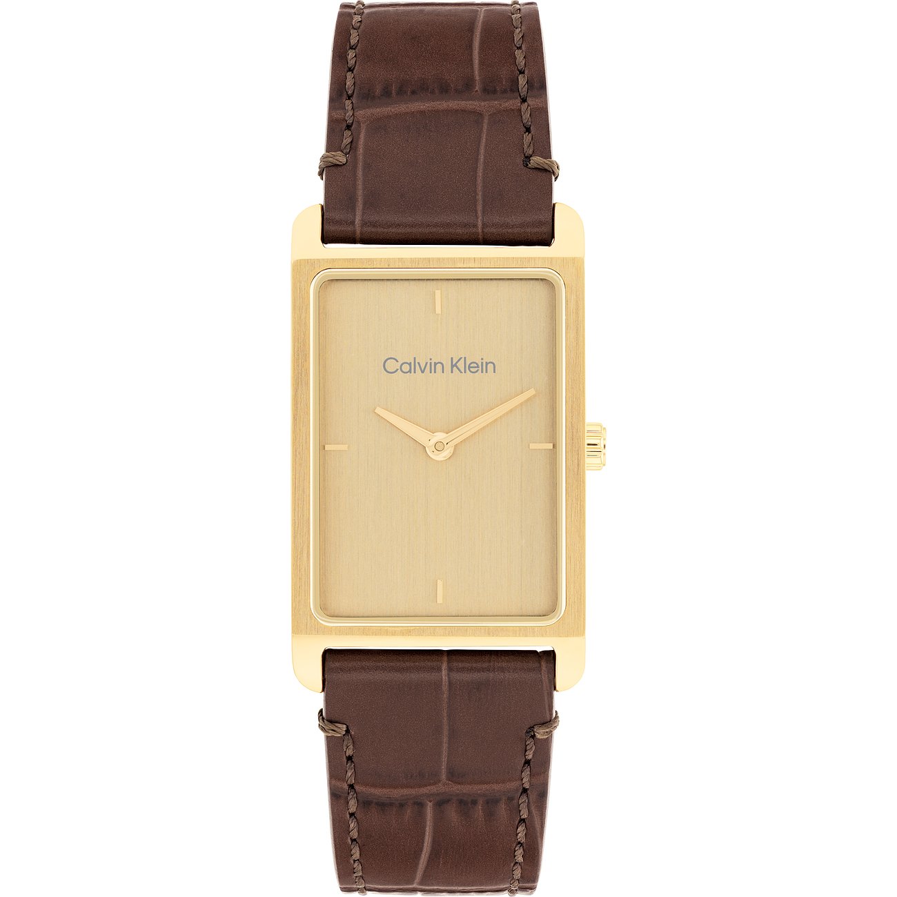 Calvin Klein herenhorloge: Goudkleurig roestvrij staal, rechthoekige wijzerplaat, bruin leren band.