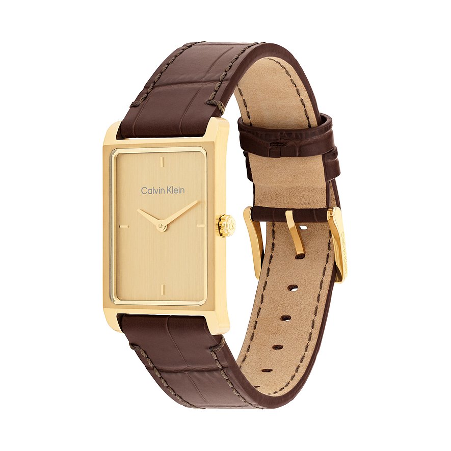 Calvin Klein herenhorloge: goudkleurig roestvrij staal, vierkante wijzerplaat, bruine lederen band.