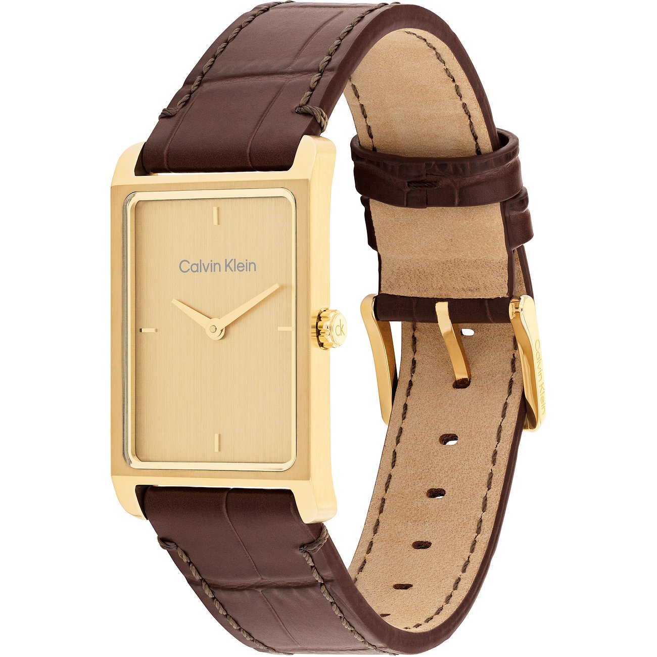Calvin Klein herenhorloge: goudkleurig roestvrij staal, vierkante wijzerplaat, bruine lederen band.