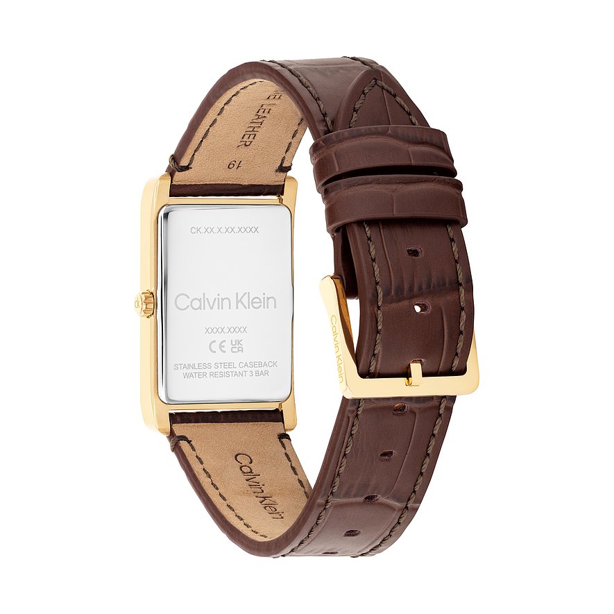 Achteraanzicht van het Calvin Klein herenhorloge van roestvrij staal met bruine lederen band en goudkleurige details.