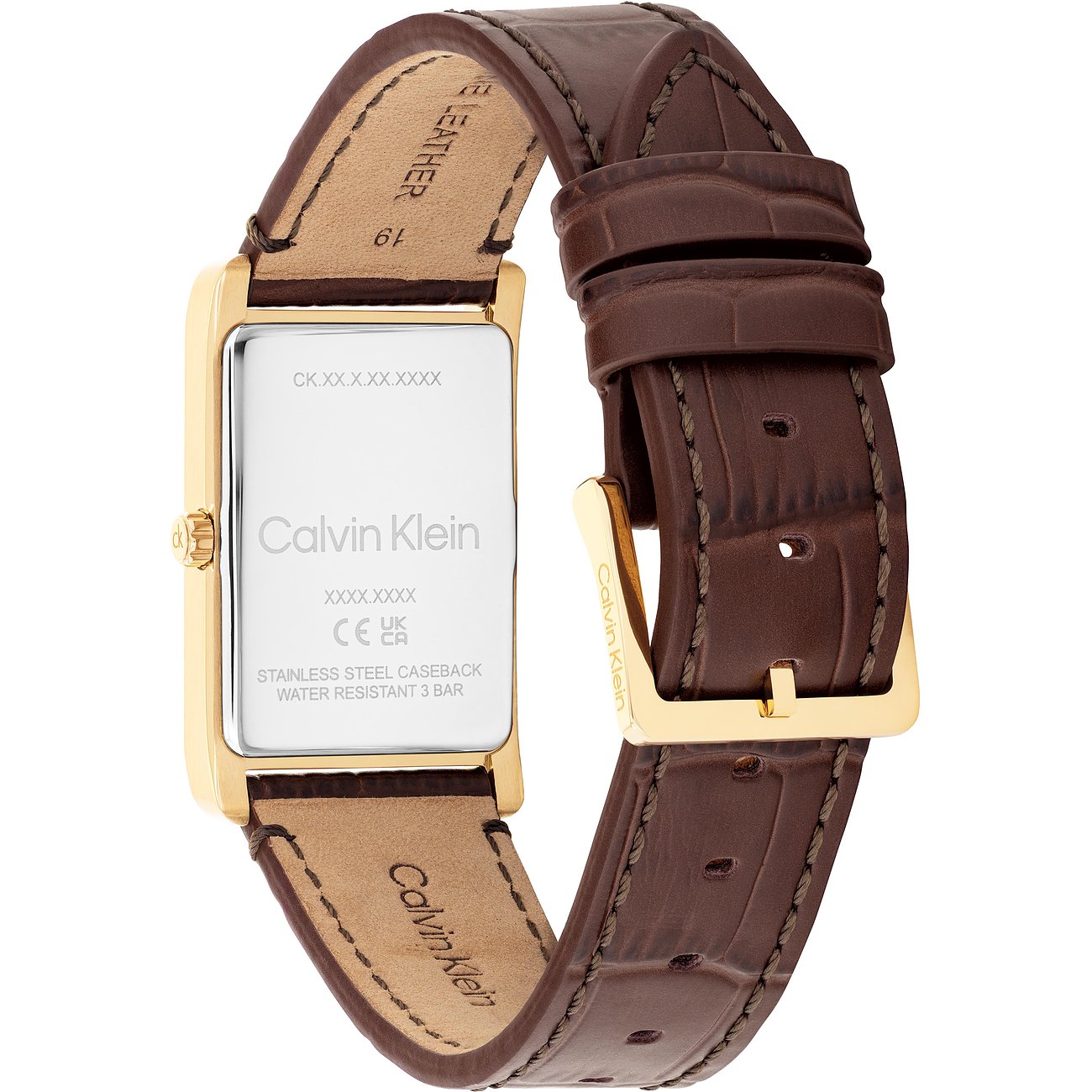Achteraanzicht van het Calvin Klein herenhorloge van roestvrij staal met bruine lederen band en goudkleurige details.
