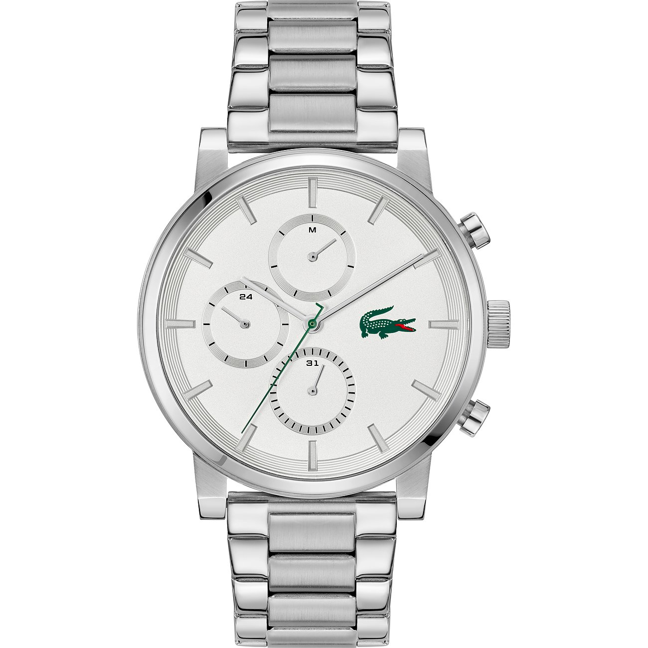 Lacoste Herrenuhr aus Edelstahl mit weißem Zifferblatt und silberfarbenes Armband.