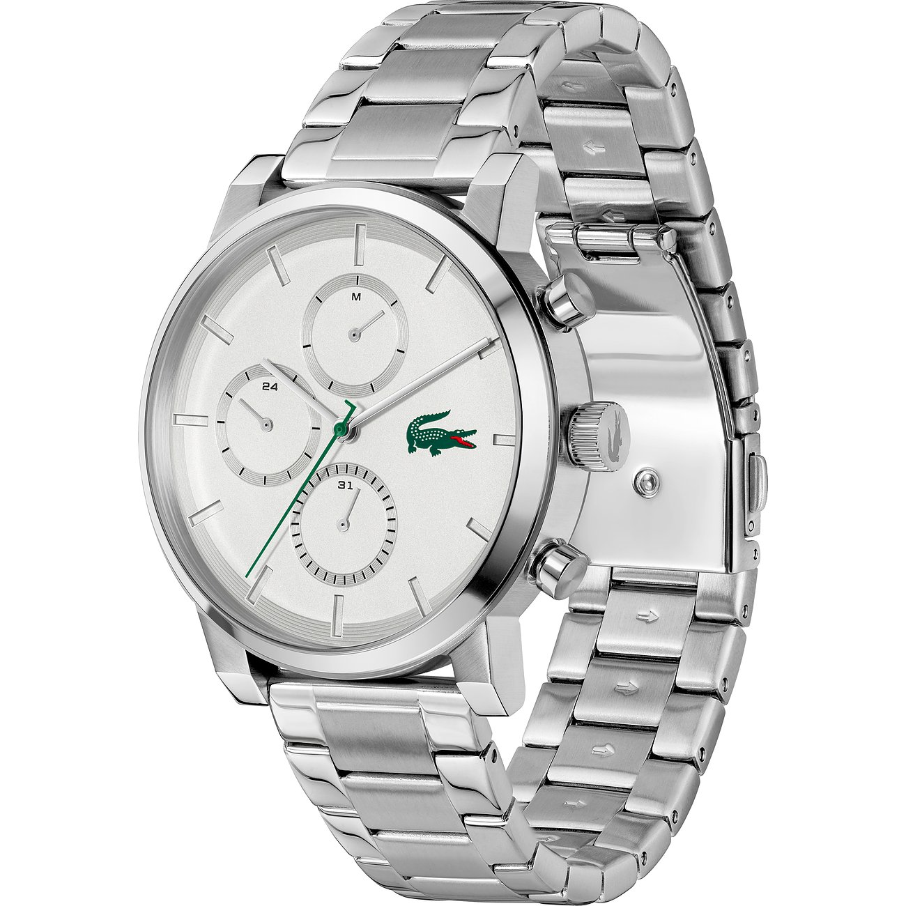 Eine silberne Lacoste Herrenuhr aus Edelstahl, schräg von vorne gesehen, mit weißem Zifferblatt und grünem Akzent.