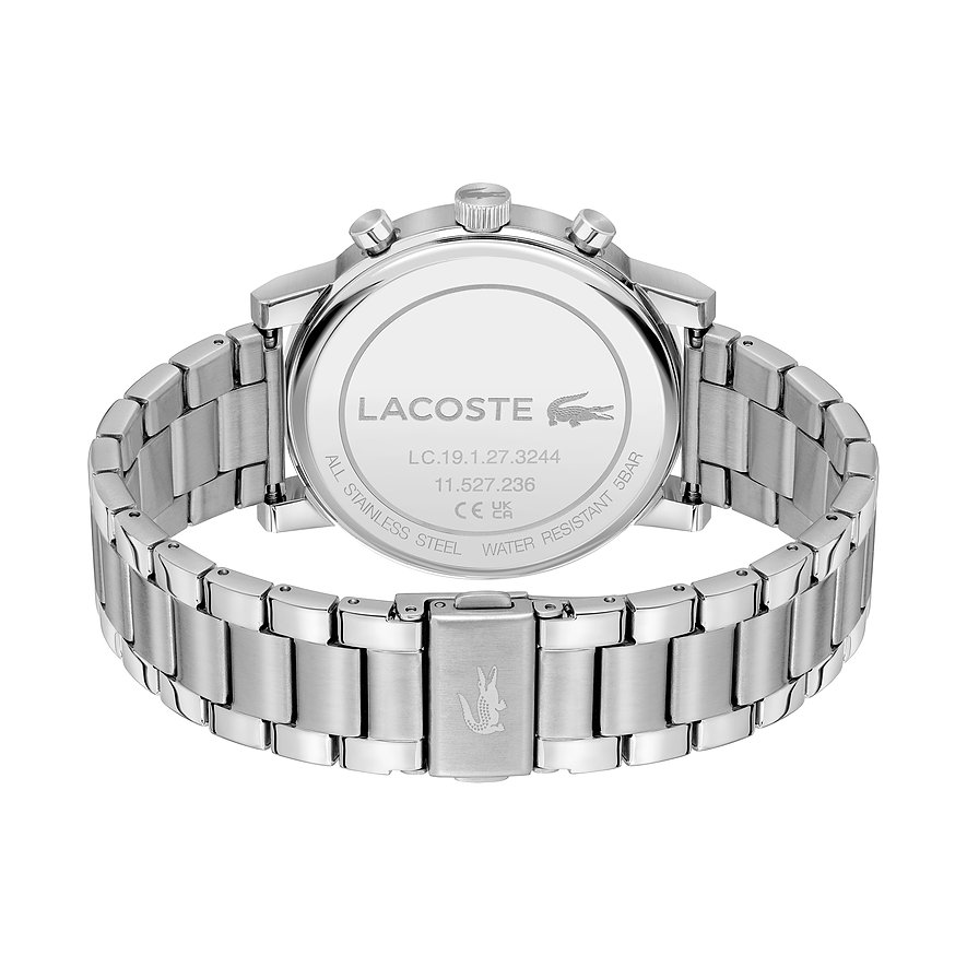 Rückseite einer Lacoste Herrenuhr aus Edelstahl, mit Gravuren des Lacoste Logos und Markeninformationen.