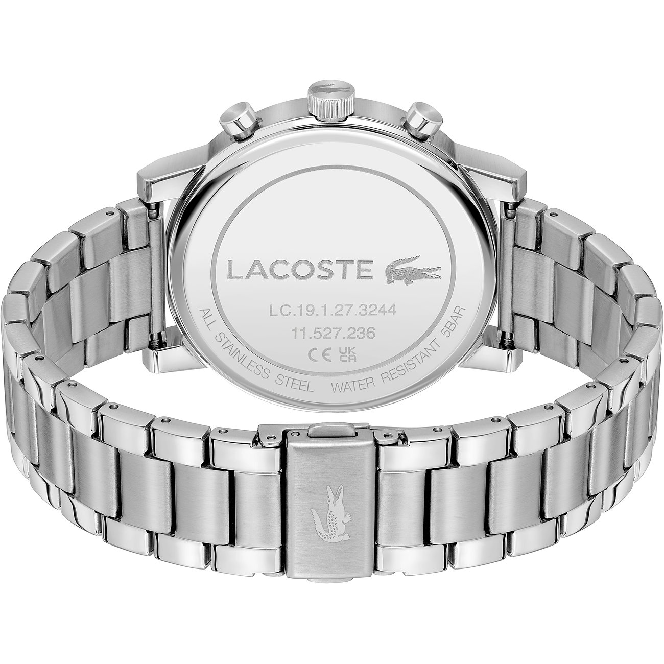 Rückseite einer Lacoste Herrenuhr aus Edelstahl, mit Gravuren des Lacoste Logos und Markeninformationen.