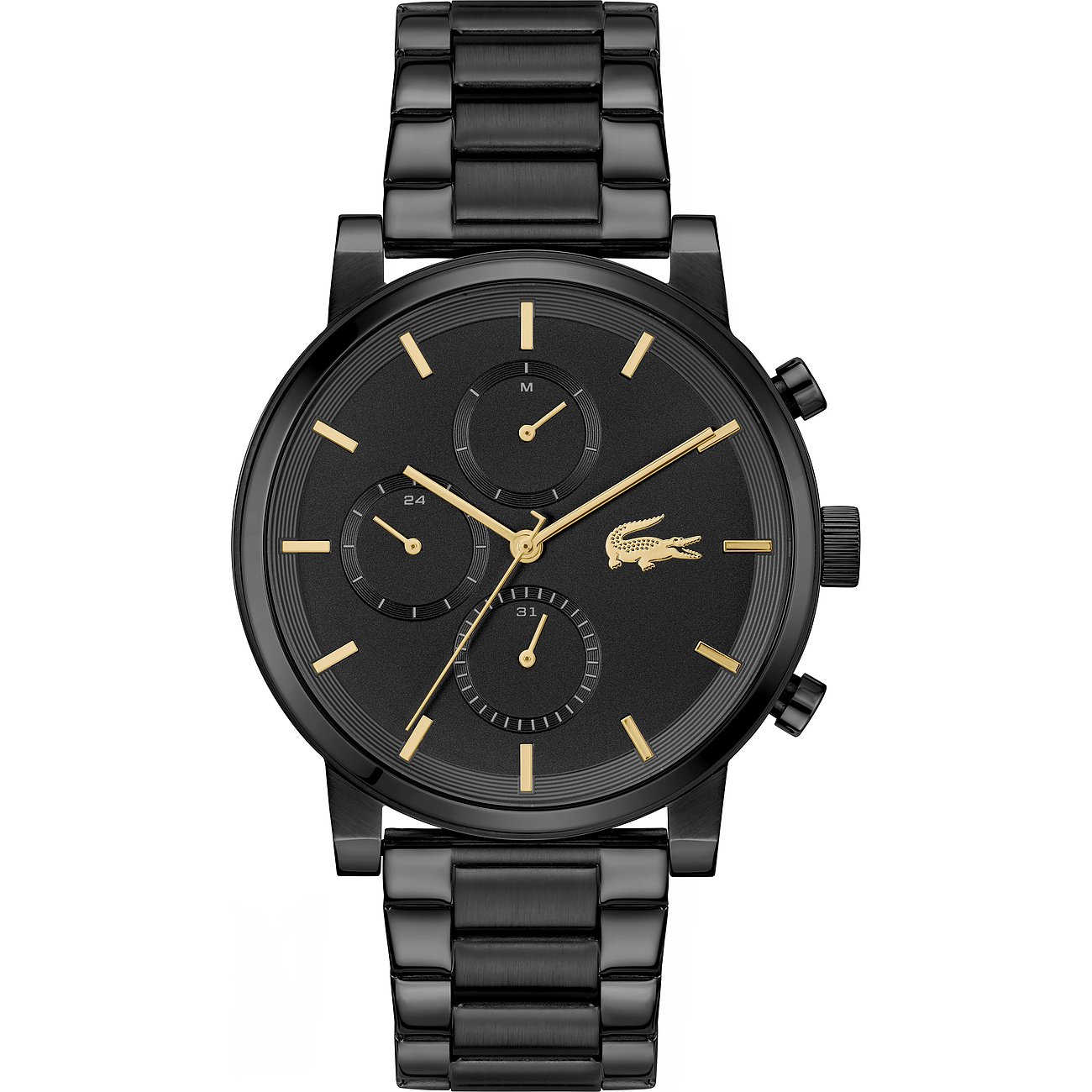 Lacoste Herrenuhr aus schwarzem Edelstahl mit schwarzem Zifferblatt, goldfarbenen Zeigern und Markenlogo bei 3 Uhr.