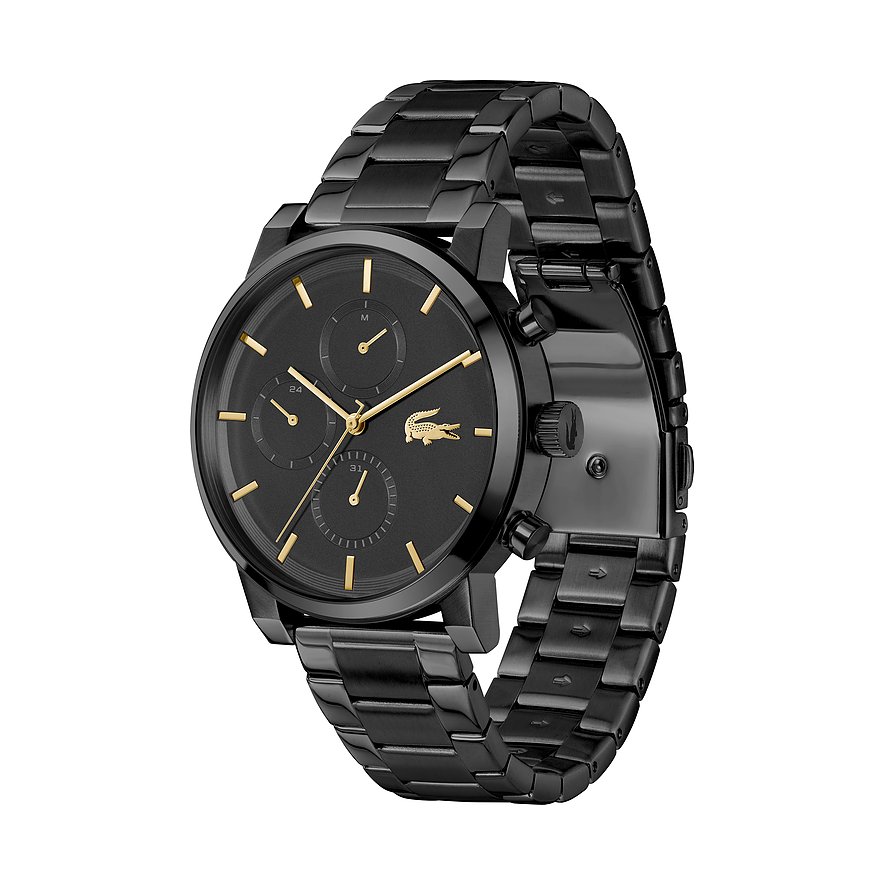 Lacoste Herrenuhr aus blauem Edelstahl mit Tachymeter und goldenen Zeigern