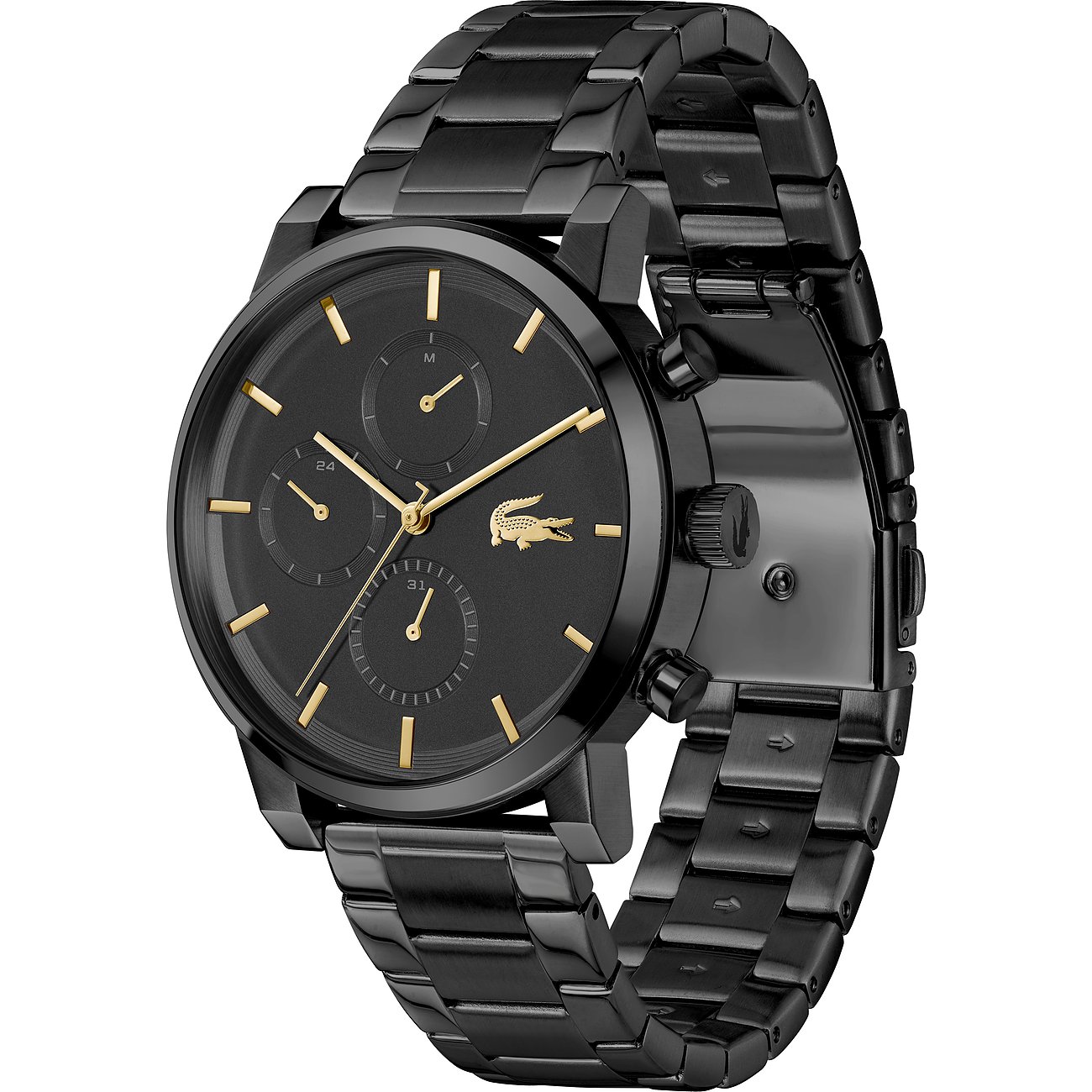 Lacoste Herrenuhr aus blauem Edelstahl mit Tachymeter und goldenen Zeigern