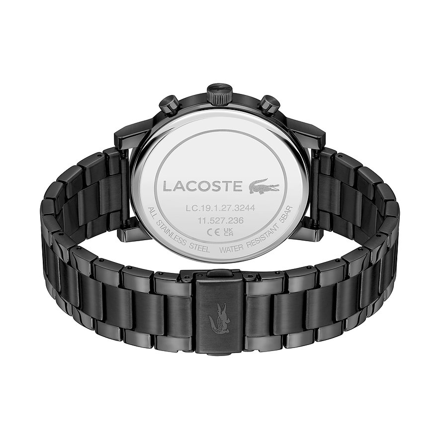 Rückansicht der Lacoste Herrenuhr aus schwarzem Edelstahl mit Gravuren auf dem Gehäuseboden.