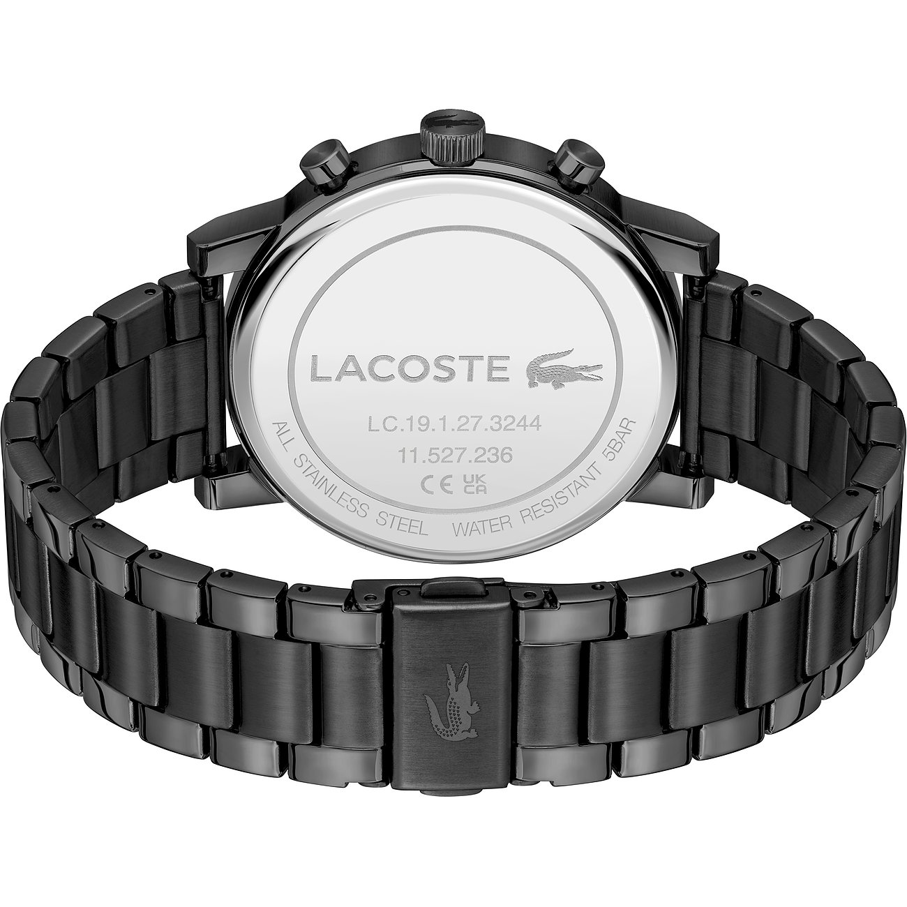 Rückansicht der Lacoste Herrenuhr aus schwarzem Edelstahl mit Gravuren auf dem Gehäuseboden.