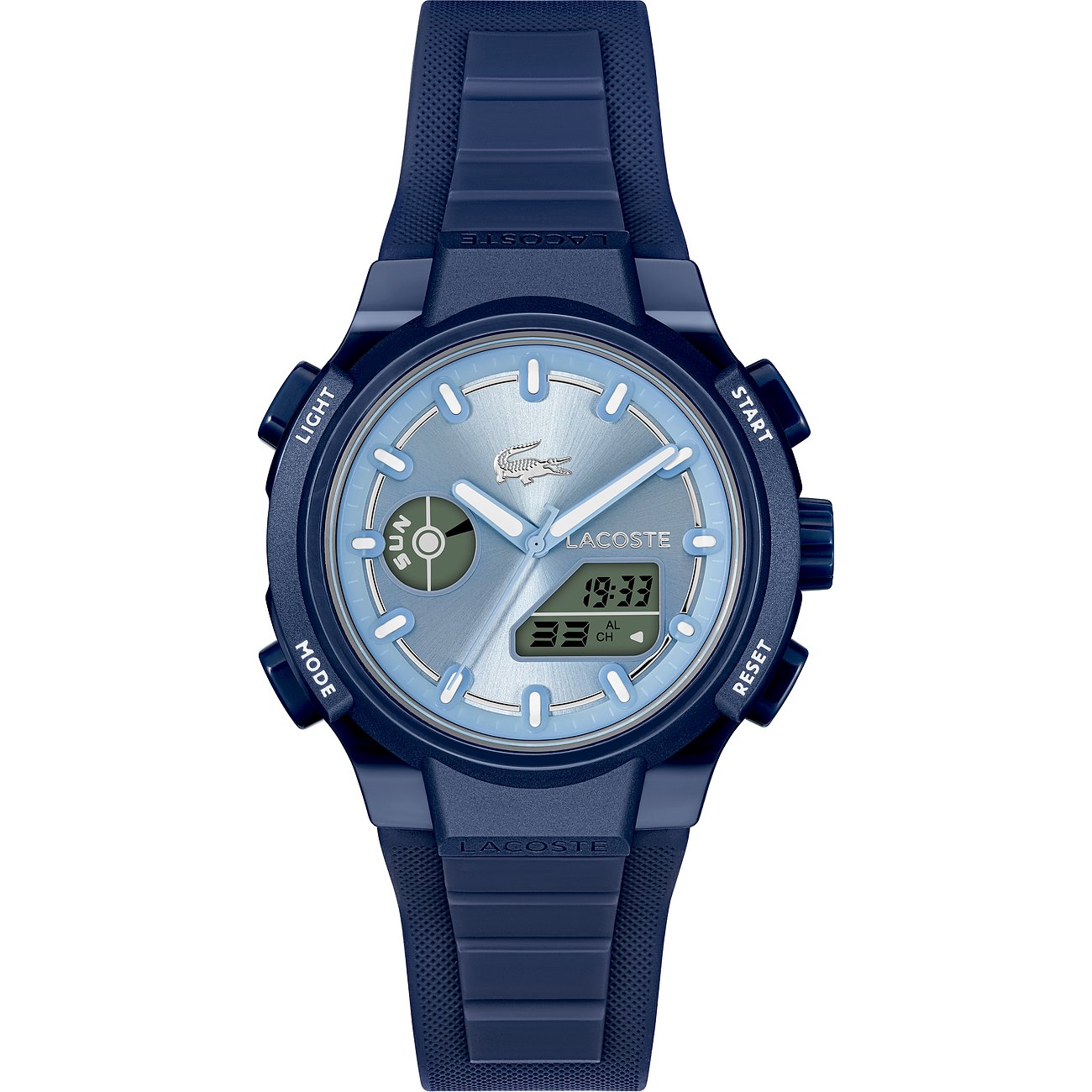 Die Damenuhr von Lacoste hat ein blaues Gehäuse mit blauen Details und ein blaues Resinarmband.