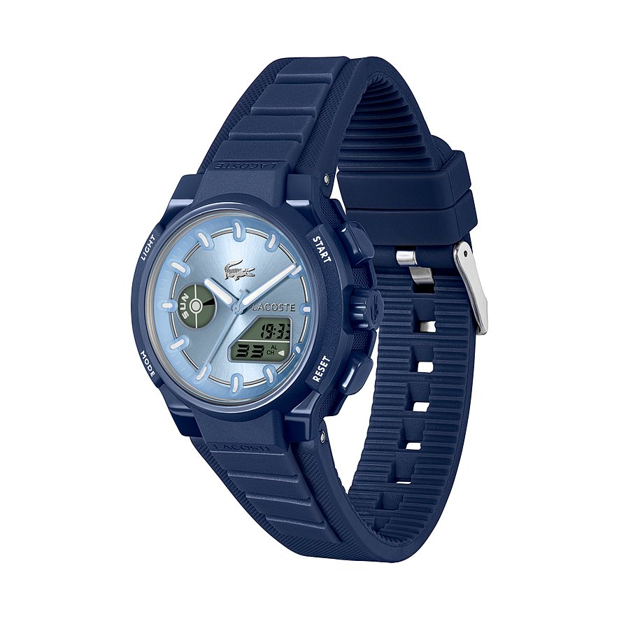 Die stilvolle Lacoste Damenuhr aus dunkelblauem Kunststoff und Zifferblatt mit Krokodil-Logo