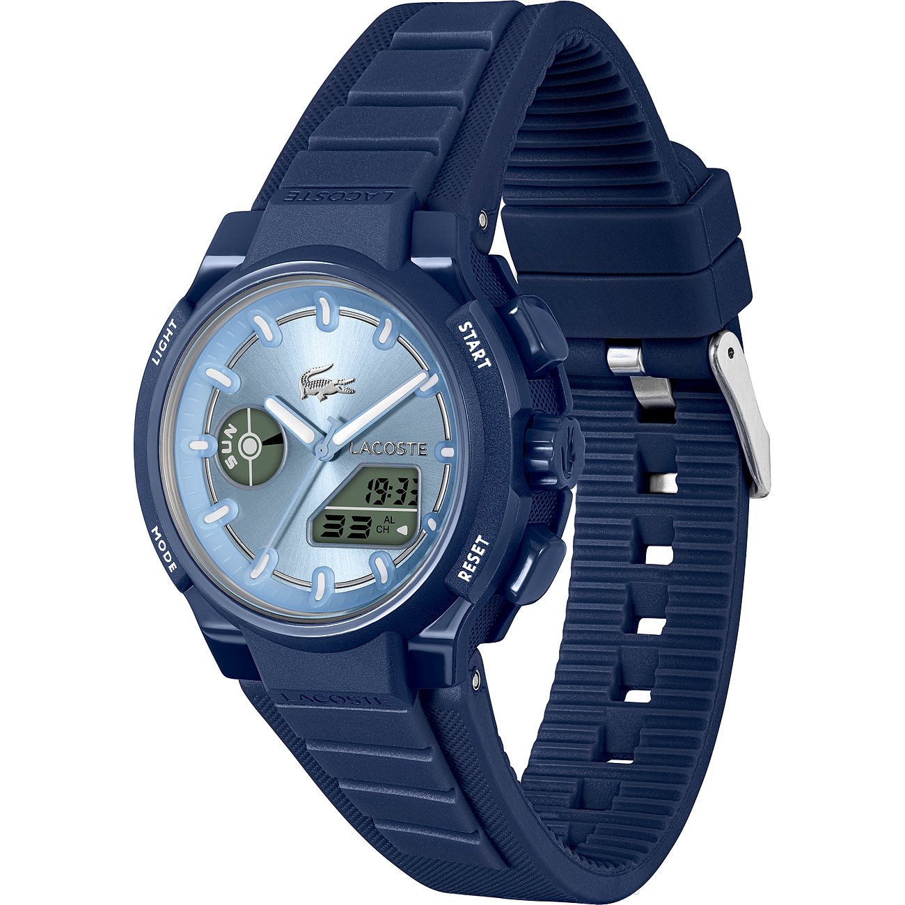 Die stilvolle Lacoste Damenuhr aus dunkelblauem Kunststoff und Zifferblatt mit Krokodil-Logo