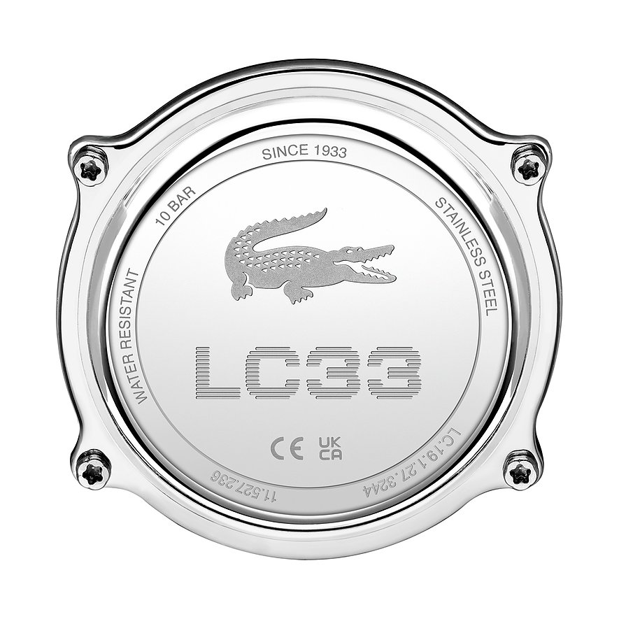 Rückansicht der Lacoste Damenuhr aus robustem Edelstahl, mit dem eingravierten Krokodil-Logo und Produktinformationen.