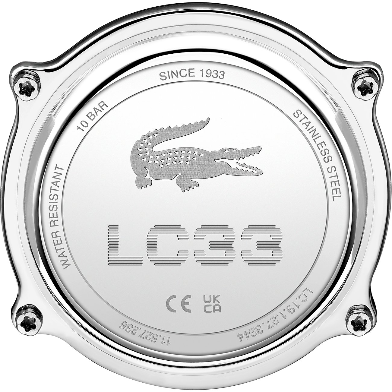 Rückansicht der Lacoste Damenuhr aus robustem Edelstahl, mit dem eingravierten Krokodil-Logo und Produktinformationen.