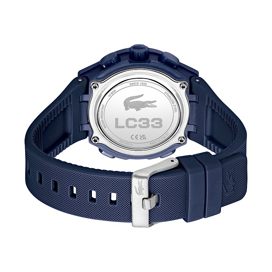 Rückansicht der Lacoste Damenuhr mit blauem Kunststoffarmband und Uhrengehäuse aus Edelstahl.