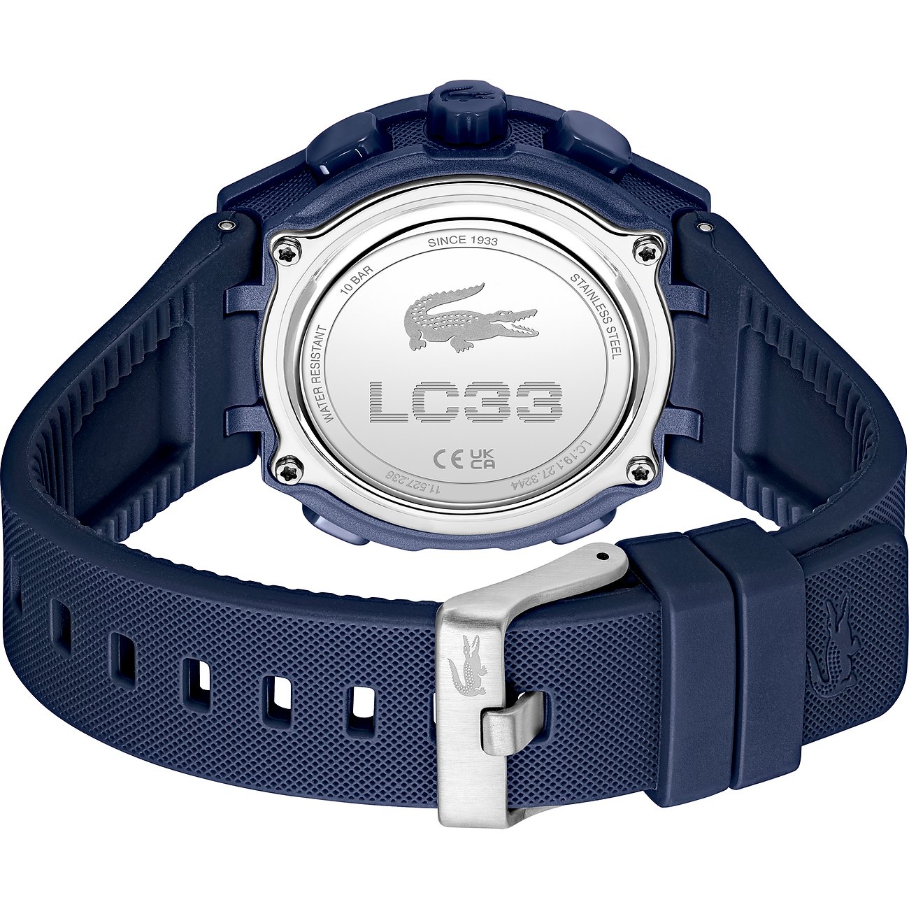 Rückansicht der Lacoste Damenuhr mit blauem Kunststoffarmband und Uhrengehäuse aus Edelstahl.