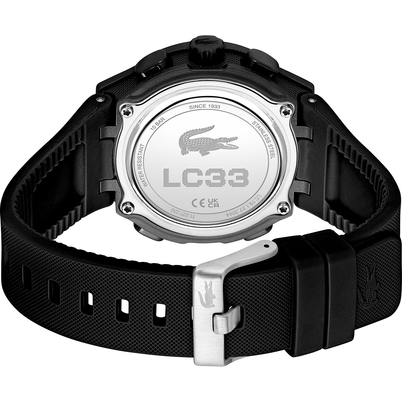 Rückseite einer Lacoste Damenuhr mit Details zum Edelstahlgehäuse und schwarzem Kunststoffarmband.