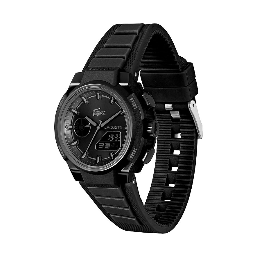 Lacoste Damenuhr mit schwarzem Edelstahlgehäuse, schwarzem Kunststoffarmband und digitaler Anzeige.
