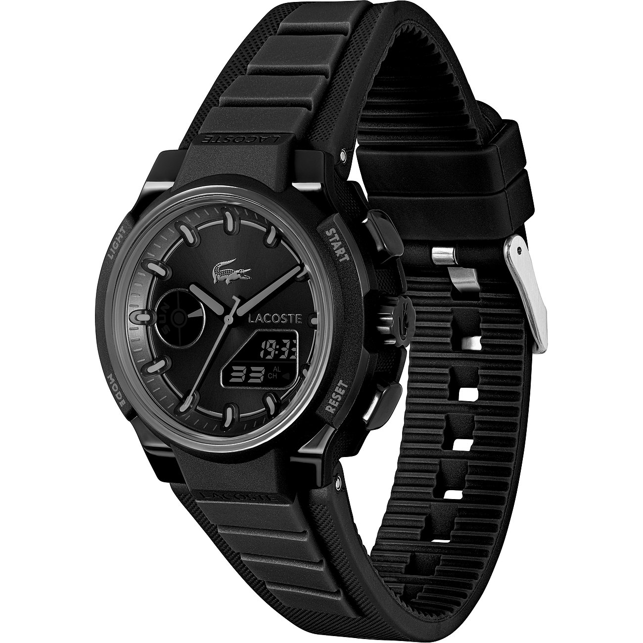 Lacoste Damenuhr mit schwarzem Edelstahlgehäuse, schwarzem Kunststoffarmband und digitaler Anzeige.