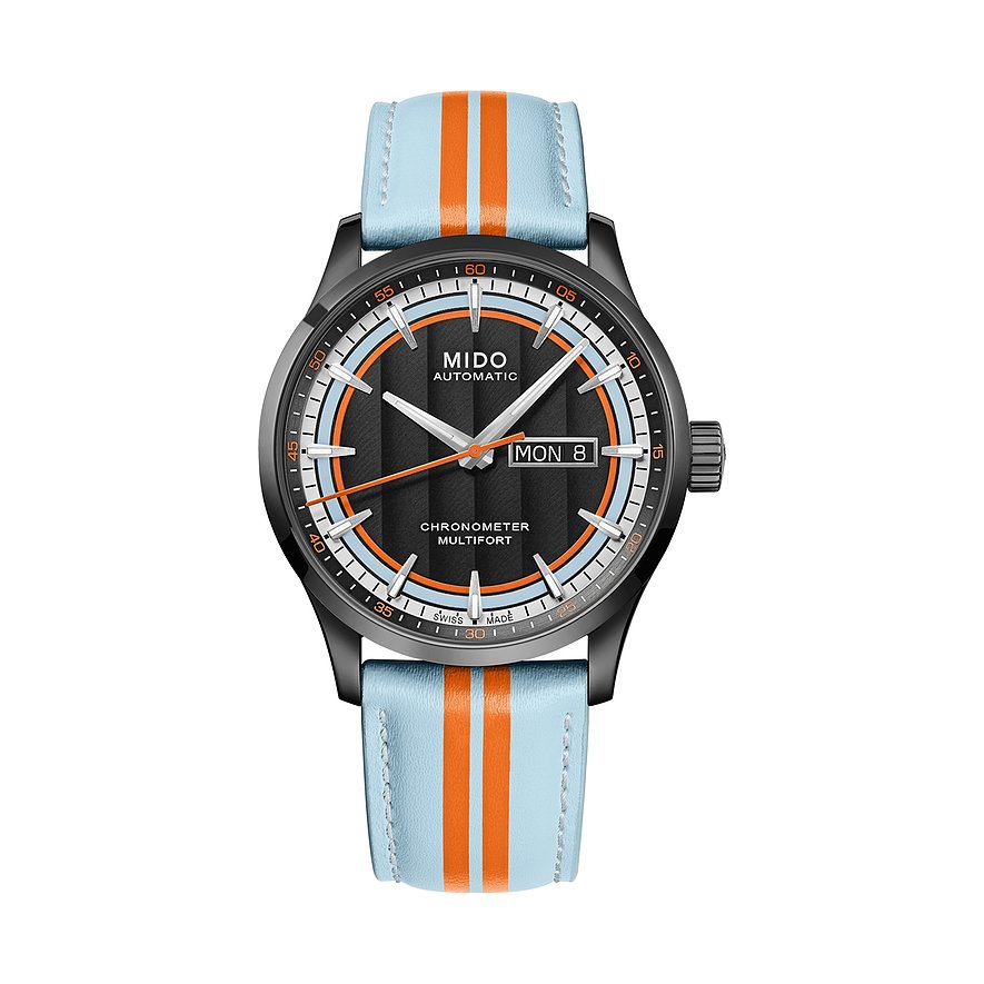 Mido Chronometer Armbanduhr: schwarzes Edelstahlgehäuse, helles Zifferblatt mit orangen Akzenten, hellblaues Armband.