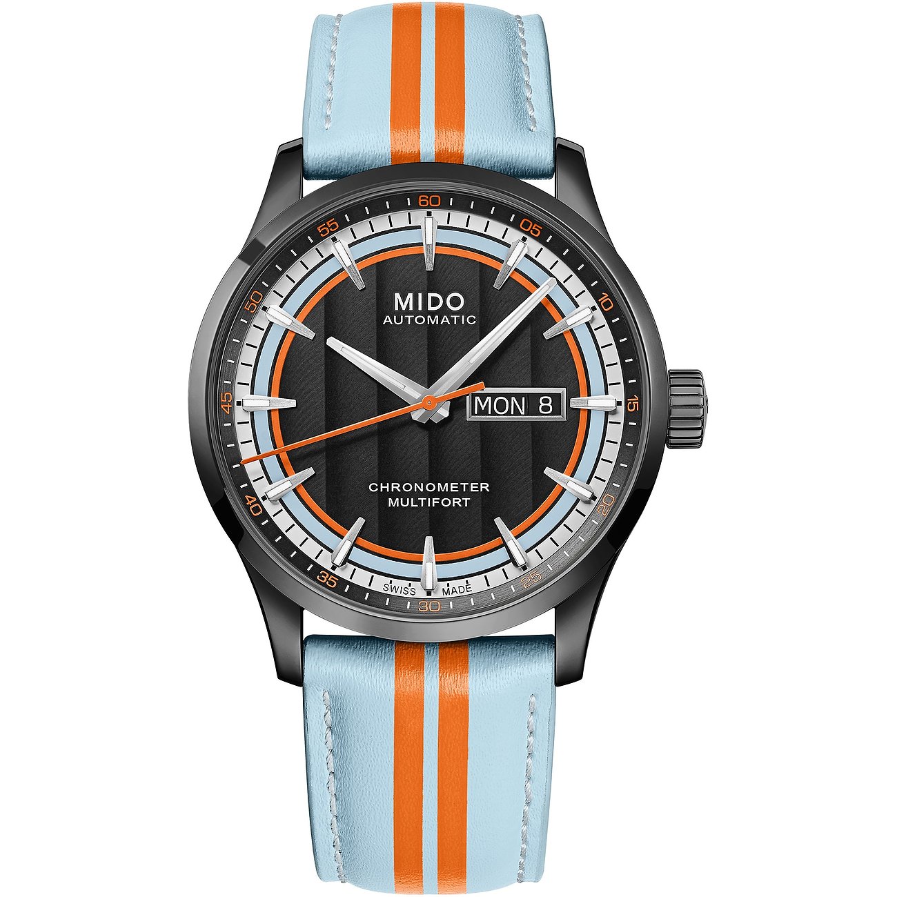 Mido Chronometer Armbanduhr: schwarzes Edelstahlgehäuse, helles Zifferblatt mit orangen Akzenten, hellblaues Armband.