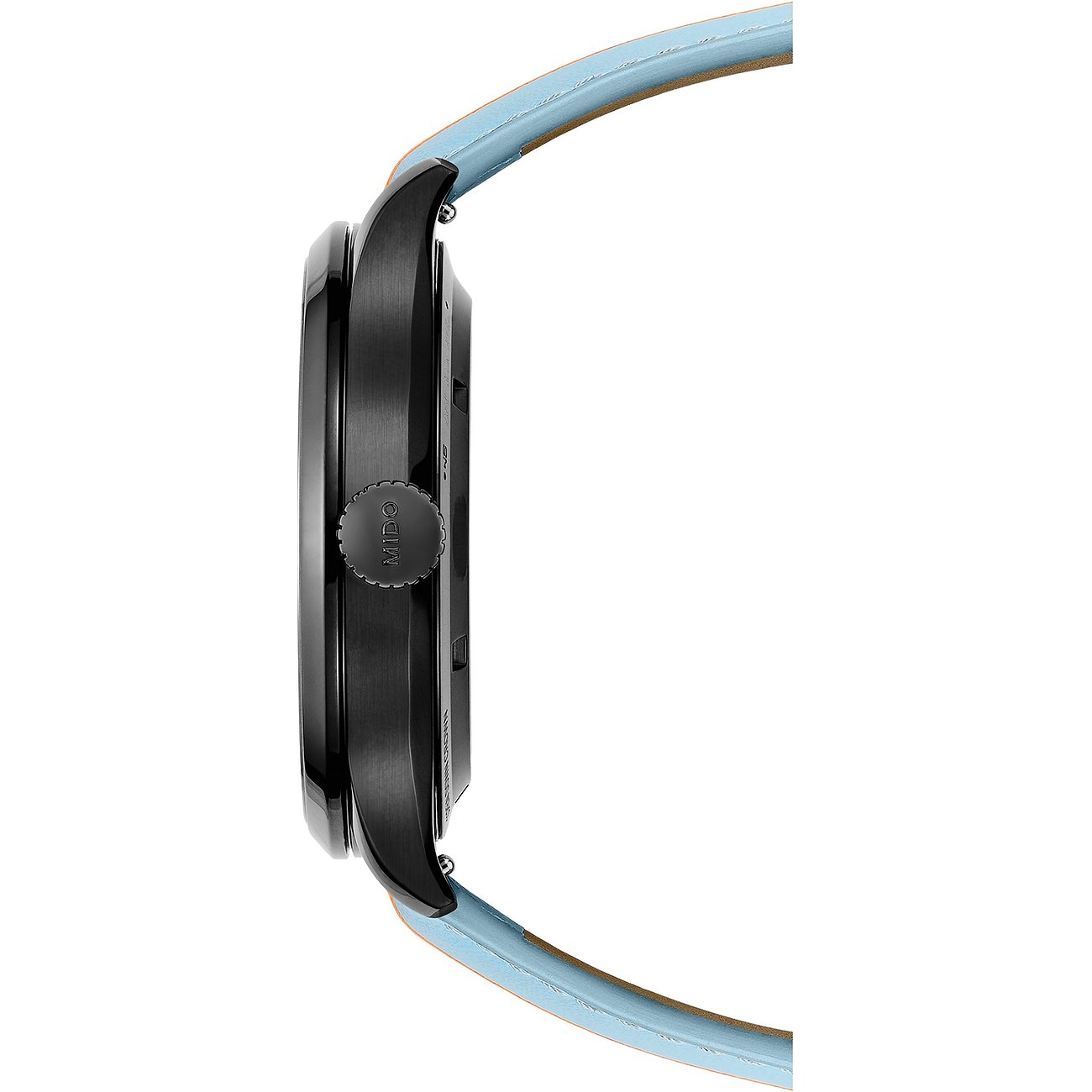 Seitenansicht der Mido Uhr mit schwarzem Edelstahlgehäuse und einer blauen Lederband, die nach oben abgewinkelt ist.