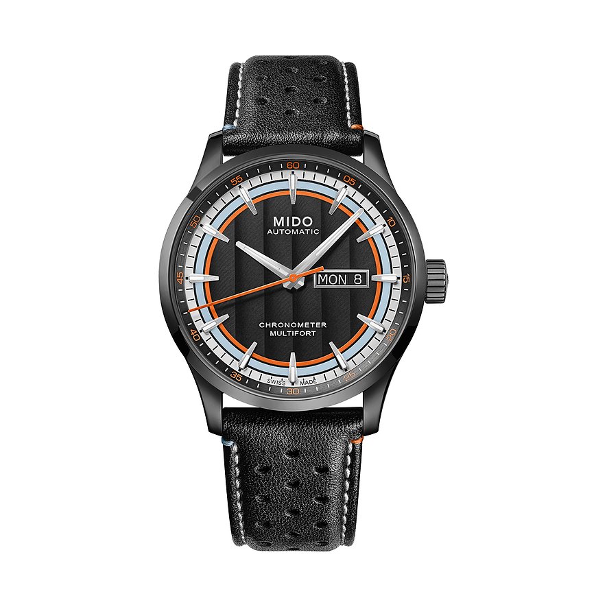 Mido Multifort Chronometer Uhr: schwarzer Edelstahl, schwarzes Lederarmband, orange-blaue Akzente auf dem Zifferblatt.