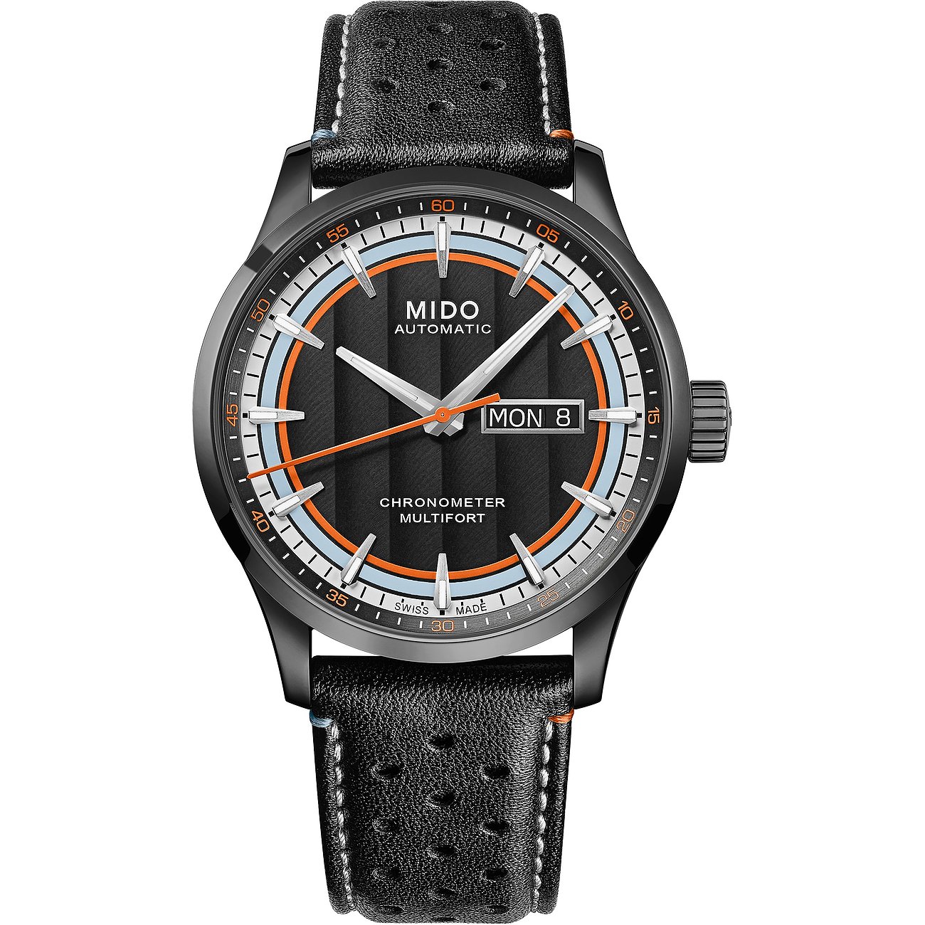 Mido Multifort Chronometer Uhr: schwarzer Edelstahl, schwarzes Lederarmband, orange-blaue Akzente auf dem Zifferblatt.