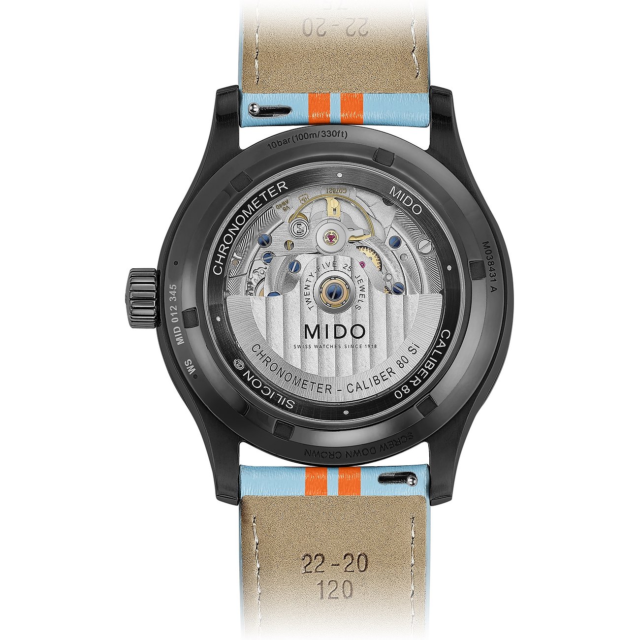 Rückansicht der Mido Herrenuhr: offene Gehäuserückseite mit Kaliber 80 Automatikwerk aus Edelstahl, beigefarbenes Textilarmband.