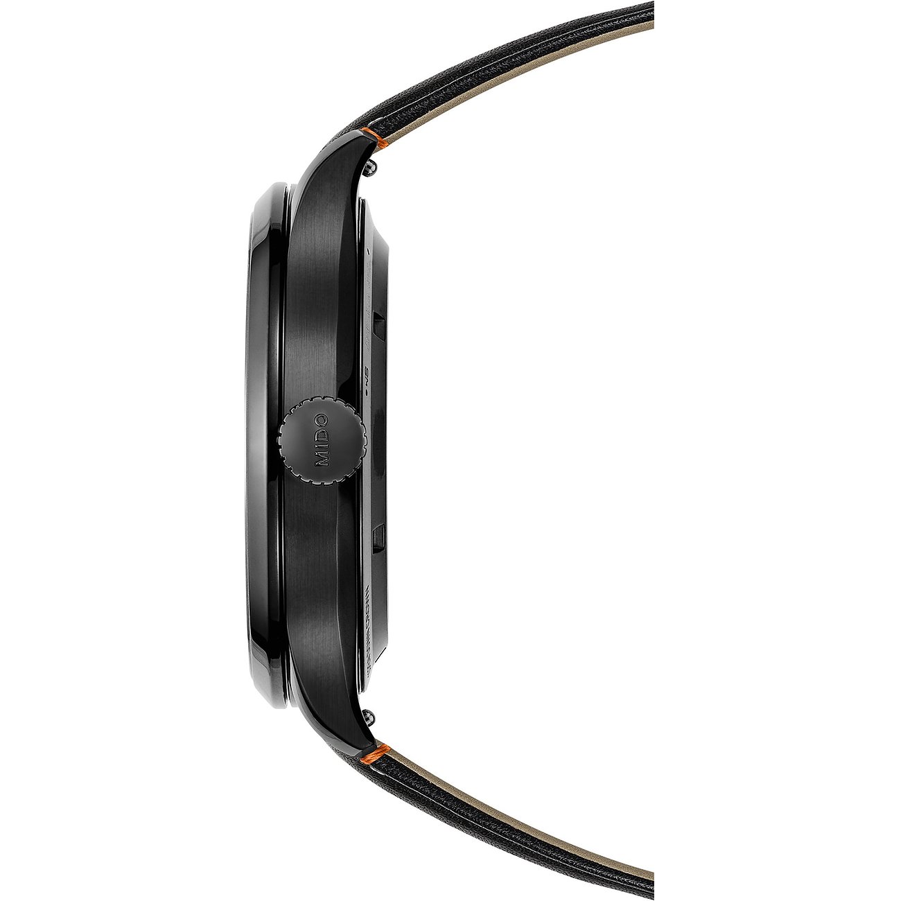 Seitenansicht der Mido Edelstahl Uhr. Das schwarze Gehäuse und das schwarze Armband sind sichtbar.
