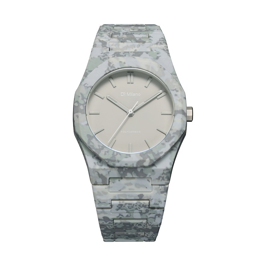 Montre unisexe D1 Milano en polycarbonate motif camouflage, cadran gris clair, vue de dessus.