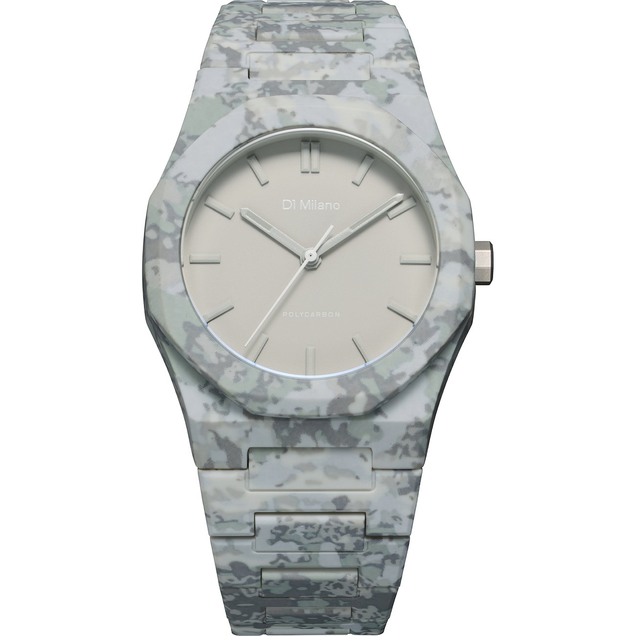 Montre unisexe D1 Milano en polycarbonate motif camouflage, cadran gris clair, vue de dessus.
